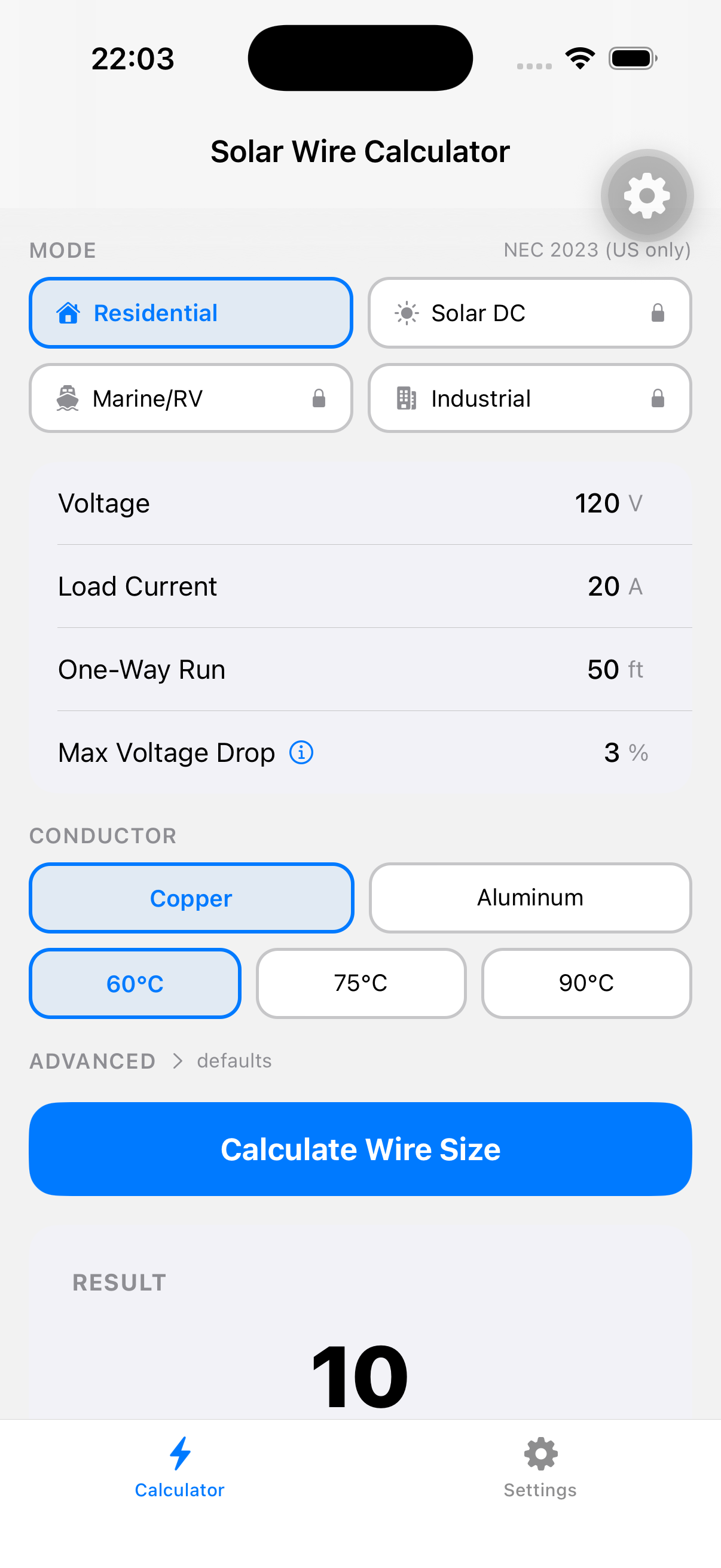 Solar Wire Calculator — NEC 2023 Wire Sizing for PV Installers screenshot