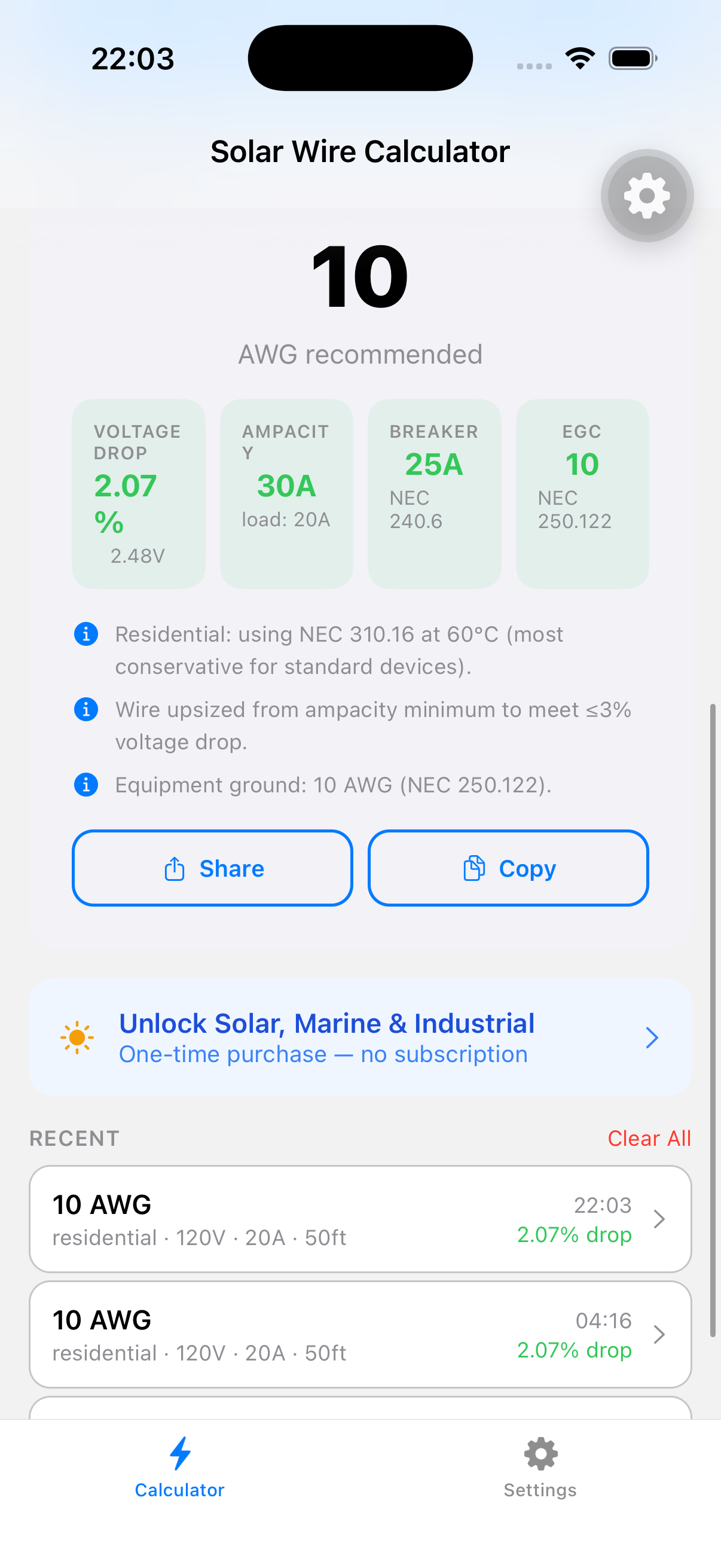 Solar Wire Calculator — NEC 2023 Wire Sizing for PV Installers screenshot